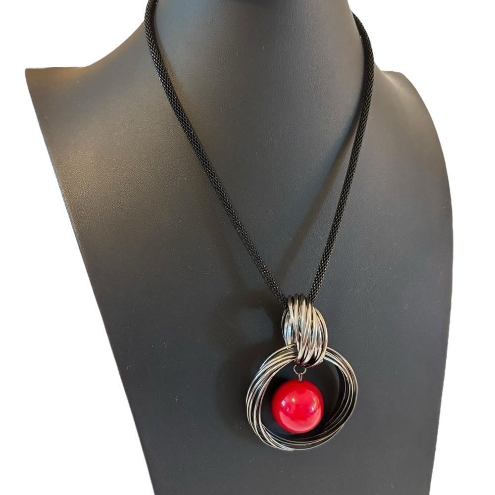 Modern & Abstract Gun Metal Pendant Necklace w/ Bold Red Center Bead.